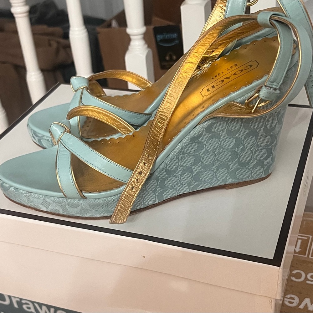 Coach Women's Light Blue and Gold Wedge Sandals - Picture 2 of 10